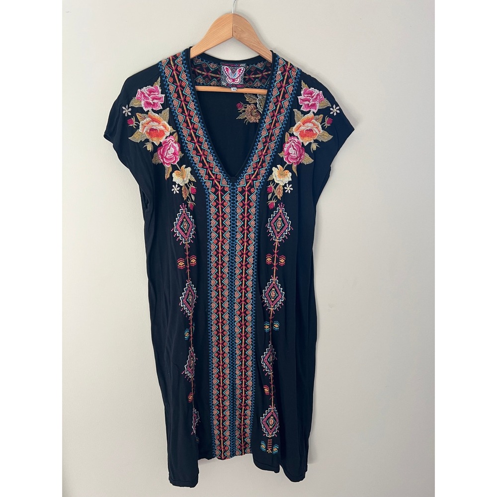 Johnny Was Los Angeles Black Cotton Embroidered Floral Tunic Dress J32219-4 L